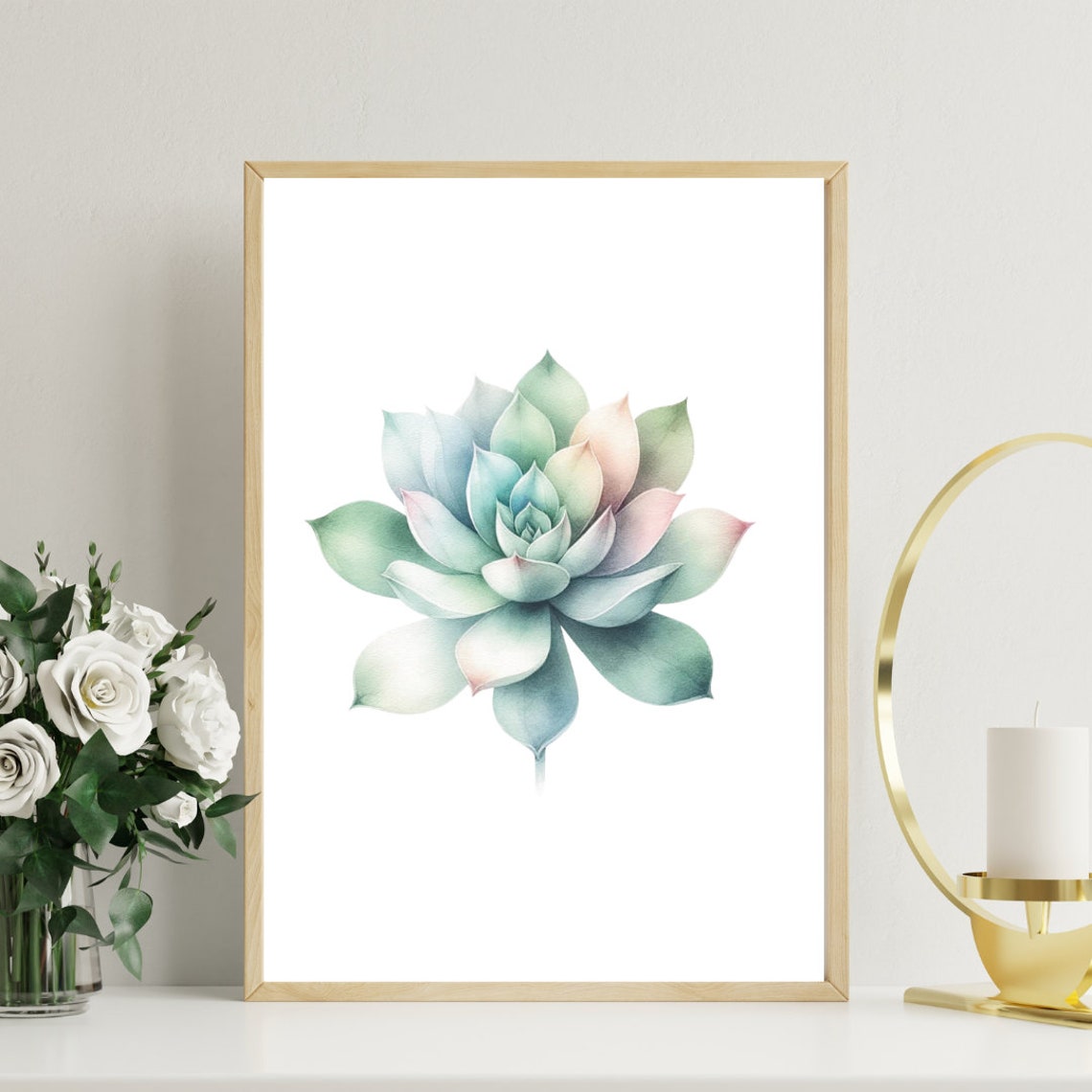 Pastel Echeveria Succulent Rosette Soft Watercolor Botanical Poster