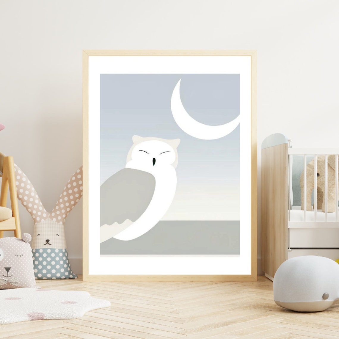 Dreamy Sleeping Owl Crescent Moon Night Sky Nursery Wall Poster - Image 2