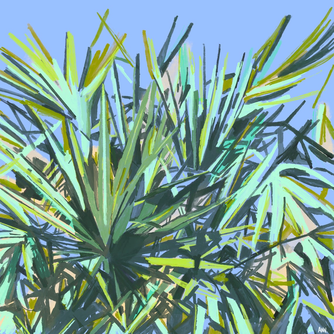 Palmetto Fronds Periwinkle Blue Modern Botanical Abstract Art Print - Image 2