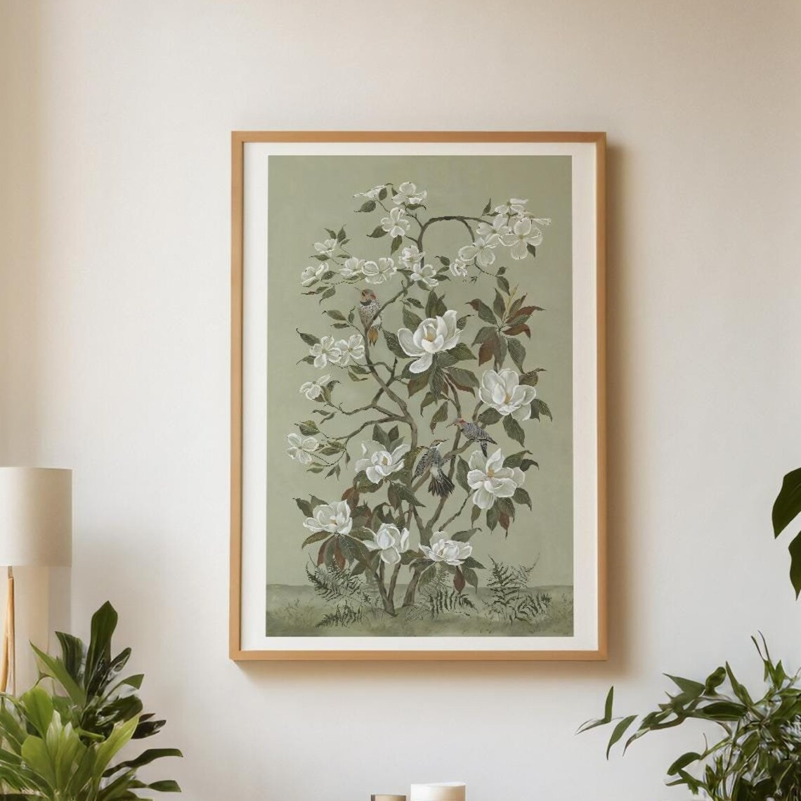 Sage Green Chinoiserie White Magnolia Tree with Birds Art Poster