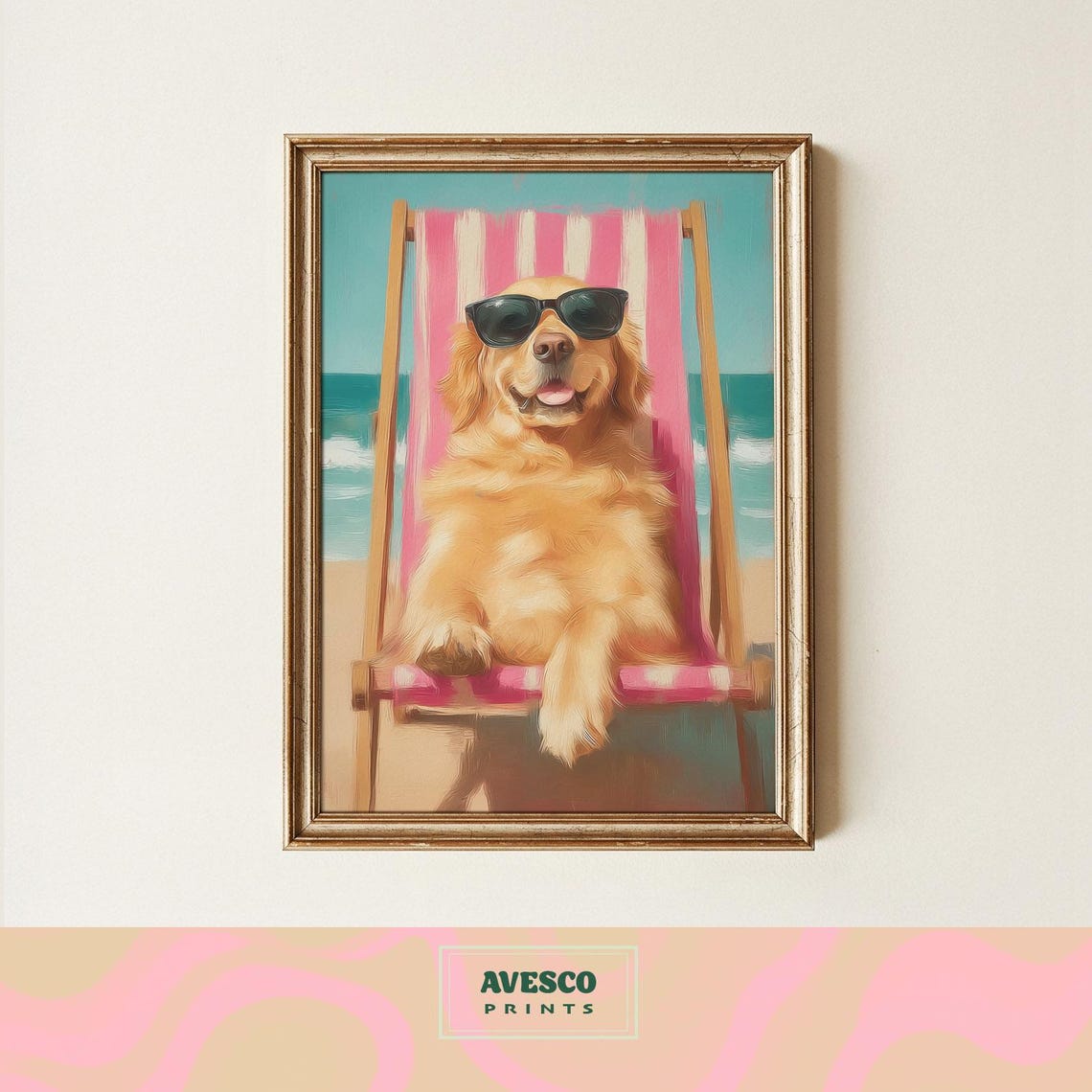 Golden Retriever with Sunglasses Beach Chair Summer Dog Poster