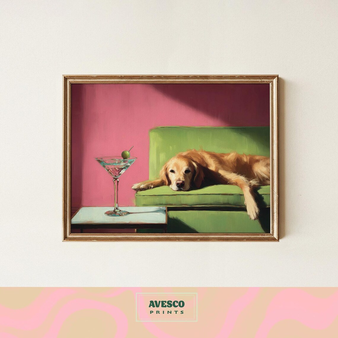 Golden Retriever On Green Couch Art Print