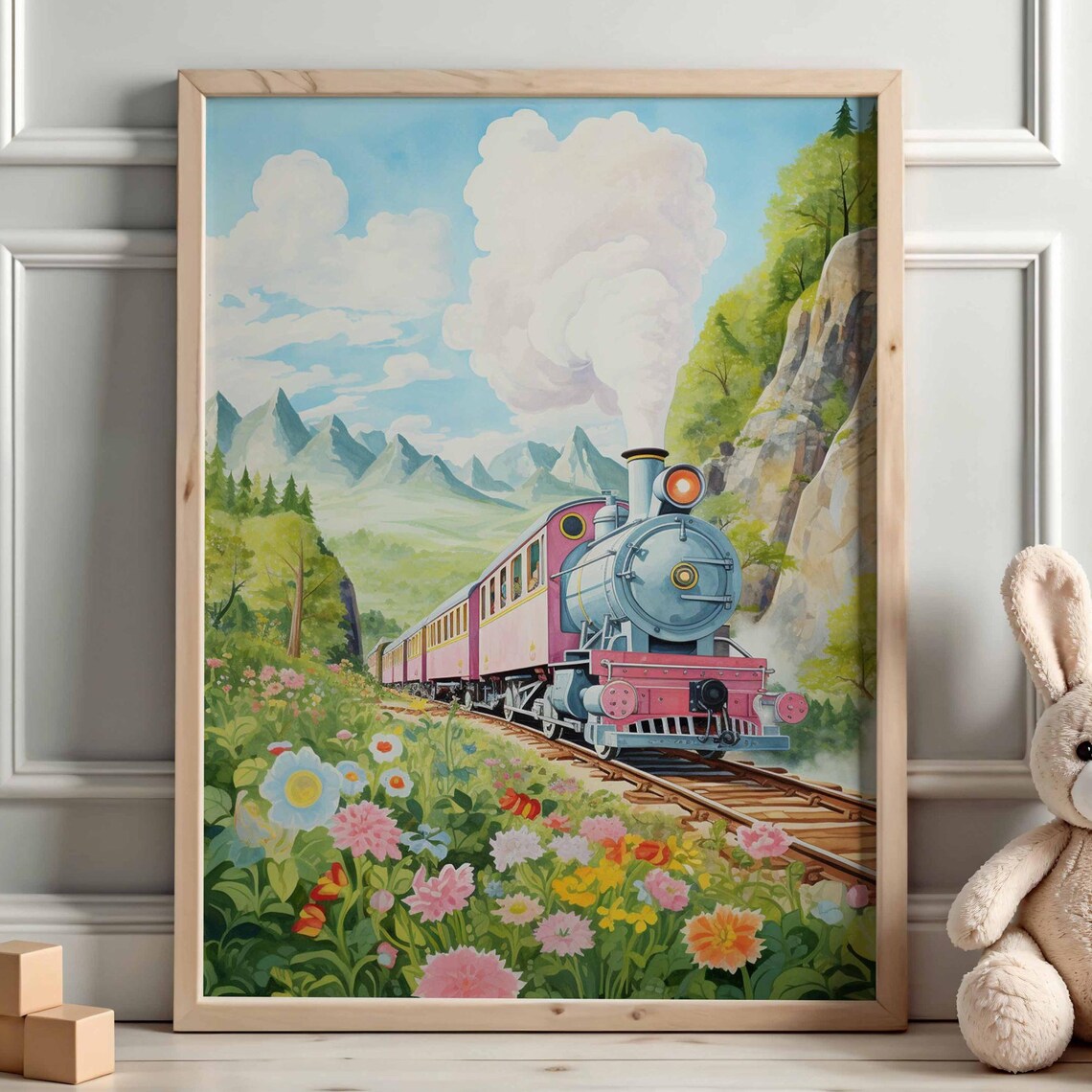 Pink Steam Train Mountain Meadow Wildflower Field Daytime Poster