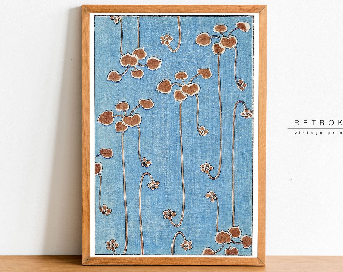 Watanabe Seitei Botanical Woodblock Blue Ground Leaf Art Poster