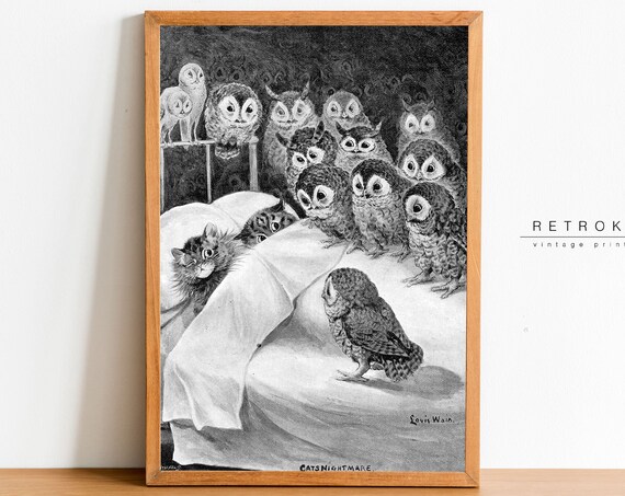 Louis Wain A Cats Nightmare Owls Vintage Black White Art Print