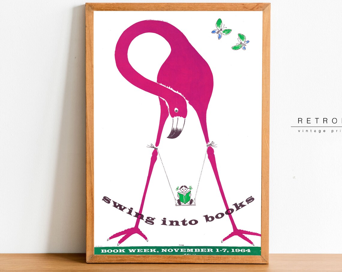 Swing Into Books 1964 Book Week Pink Flamingo Reading Poster