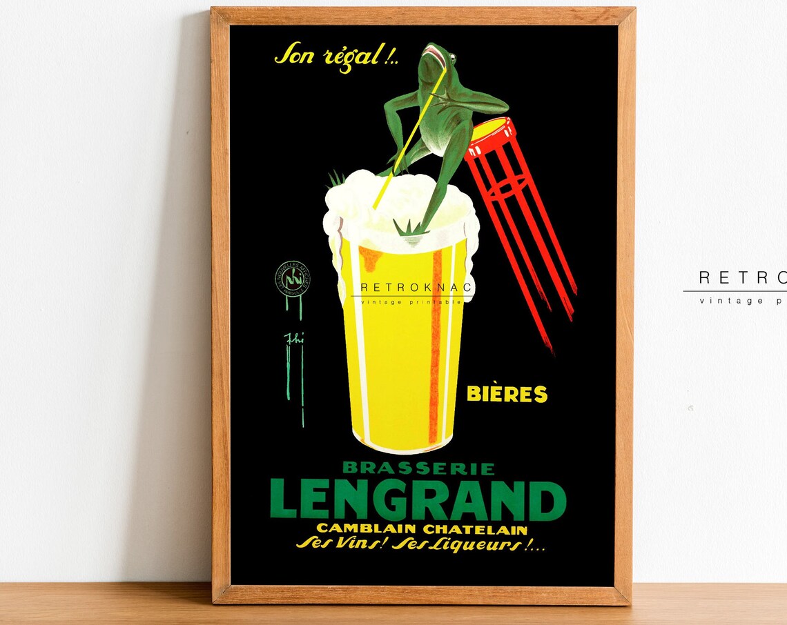 Frog Sipping Beer Vintage French Brasserie Lengrand Advertising Poster