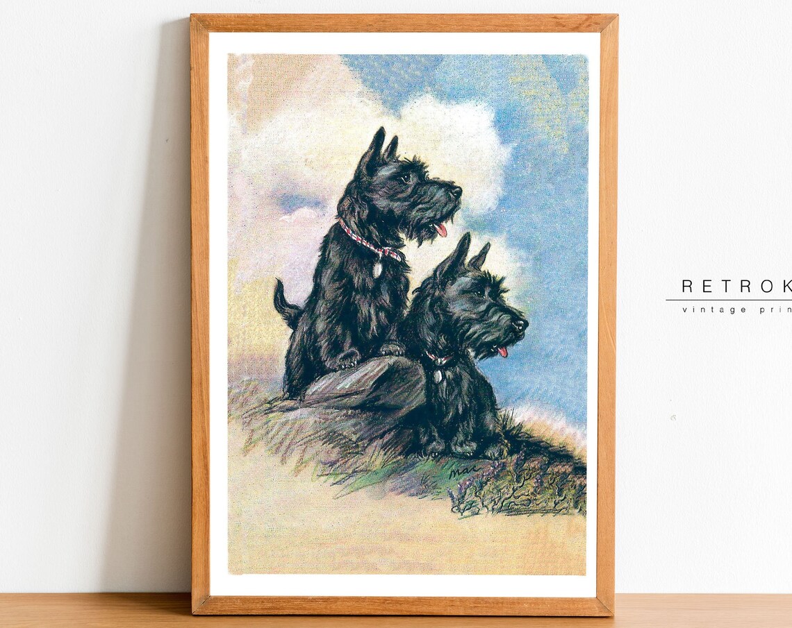 Two Scottish Terriers on Highland Hill Vintage Dog Painting Poster
