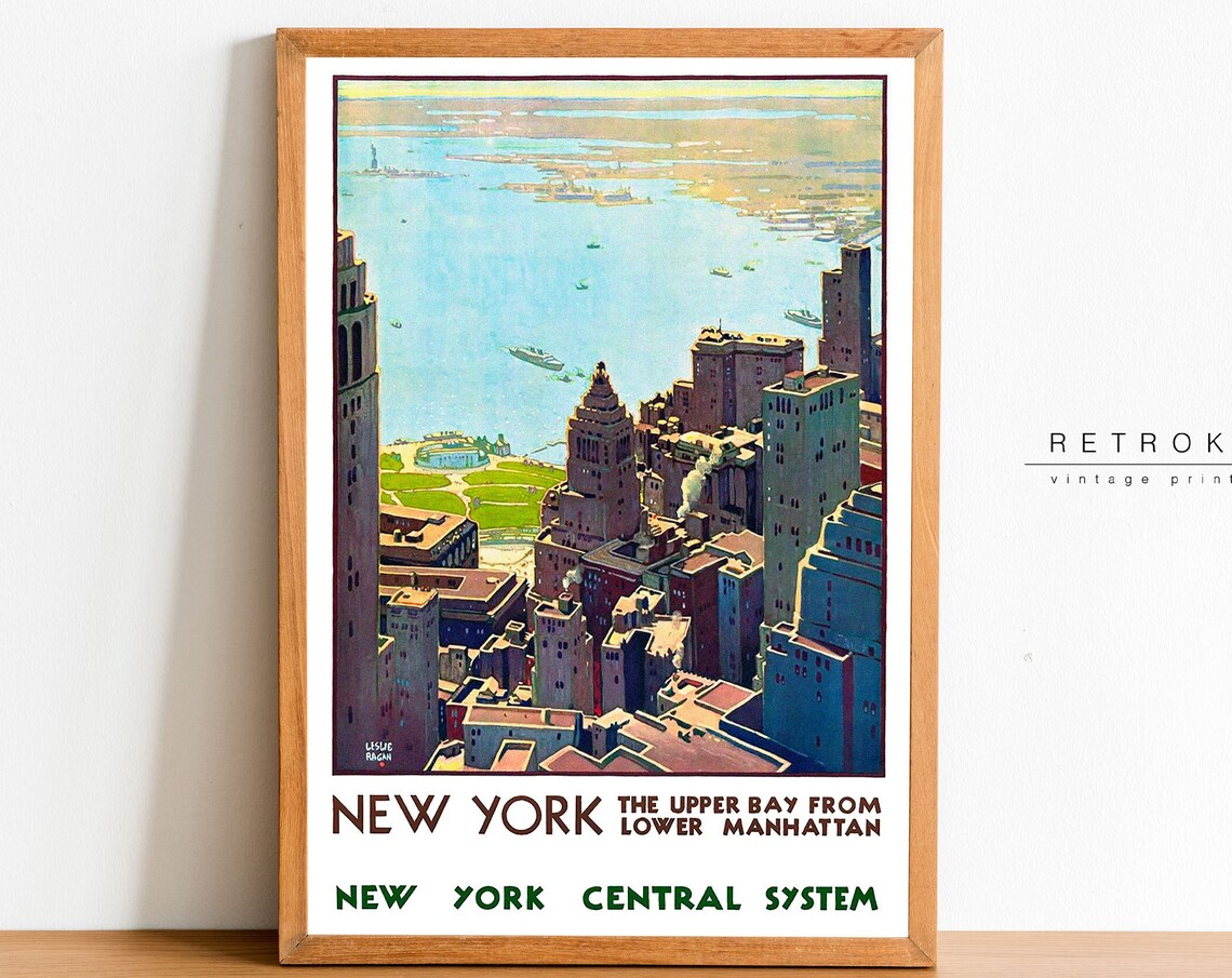 New York Upper Bay From Lower Manhattan Vintage Art Deco Travel Poster