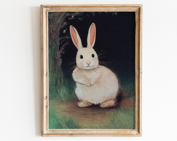 Enchanted Night Forest White Bunny Rabbit Dark Woods Storybook Print