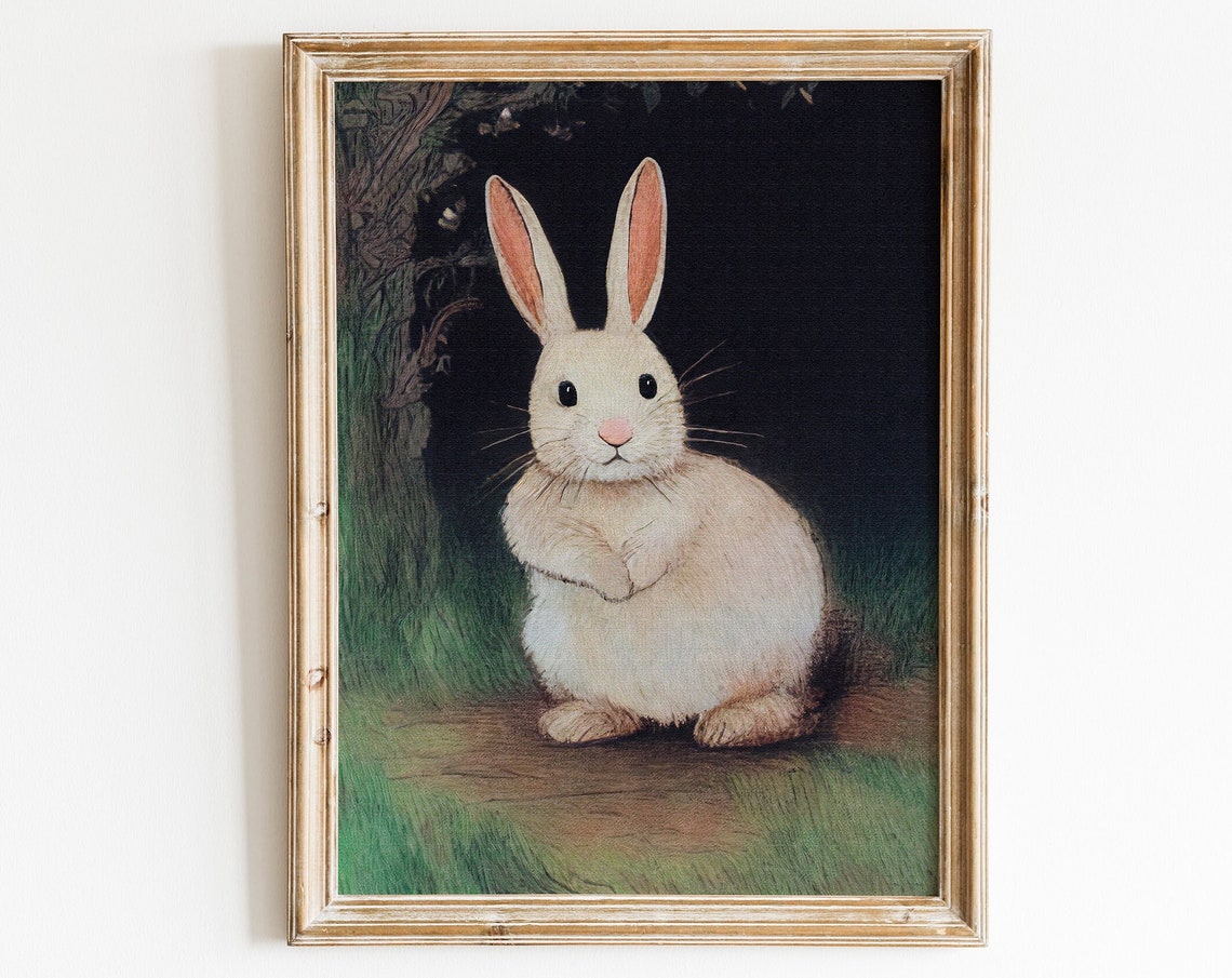 Enchanted Night Forest White Bunny Rabbit Dark Woods Storybook Print