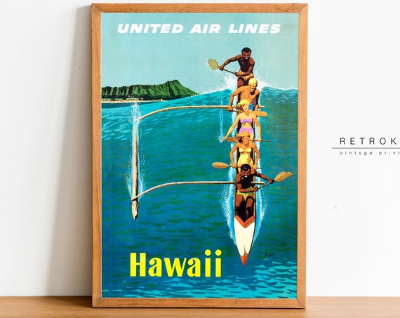 Hawaiian Canoe Wall Art Vintage Travel Poster Paddling Friends Hawaii Art Print Tp5