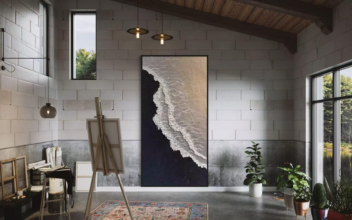 Black Sand Beach White Surf Foamy Waves Textured Vertical Poster - Image 3