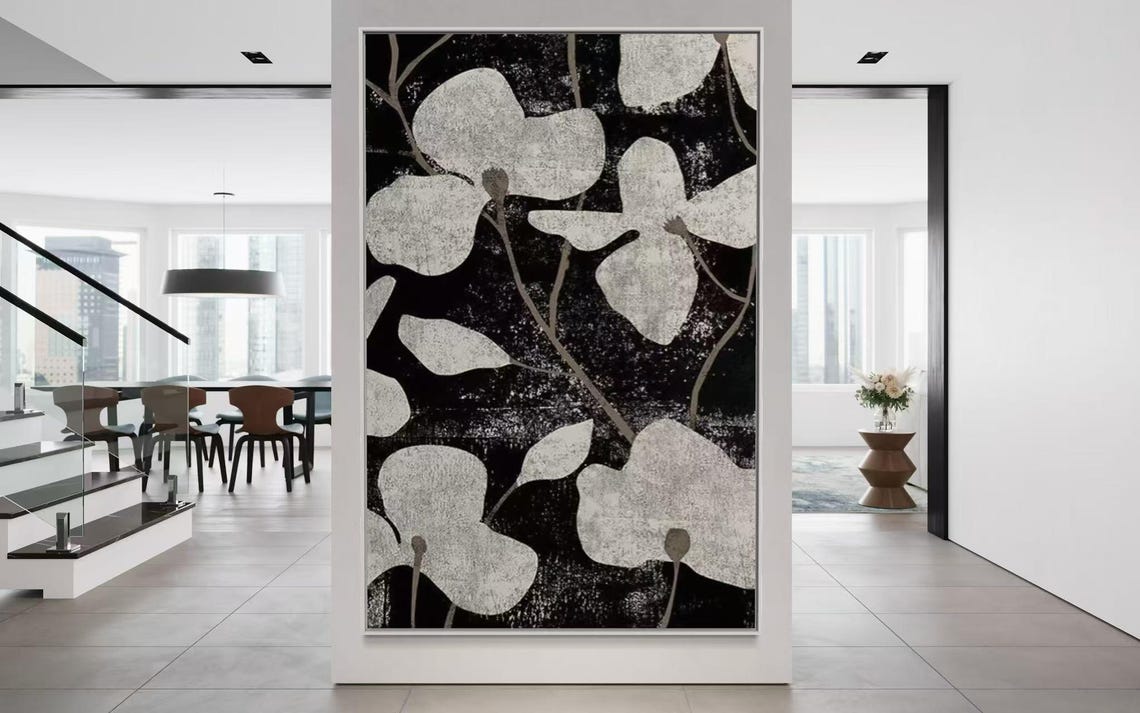 Cream Floral Silhouettes on Black Textured Botanical Vertical Poster - Image 3