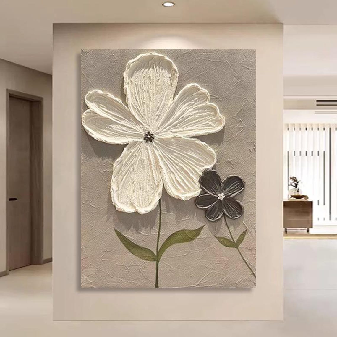 White Black 3D Flowers Textured Botanical Vertical Textured Wall Art - Image 3