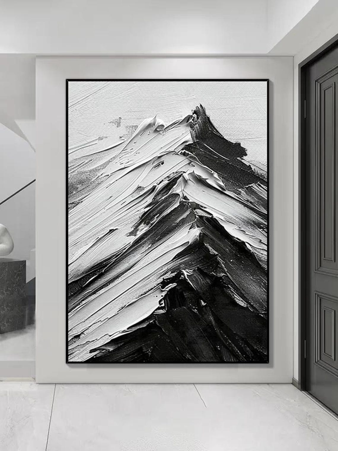 Abstract Snowy Mountains Oil Art Black White Acrylic Painting Modern Heavy Texture Home Wall Decor Personalized Winter Gift - Image 2