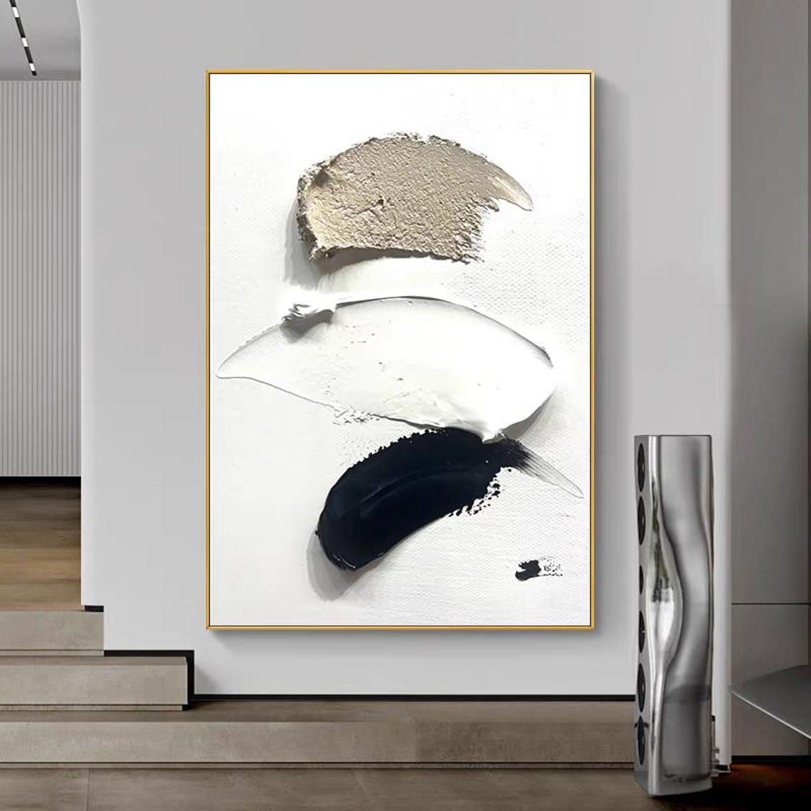 Black White Brown Abstract Brushstroke Thick Texture Modern Art Poster - Image 2