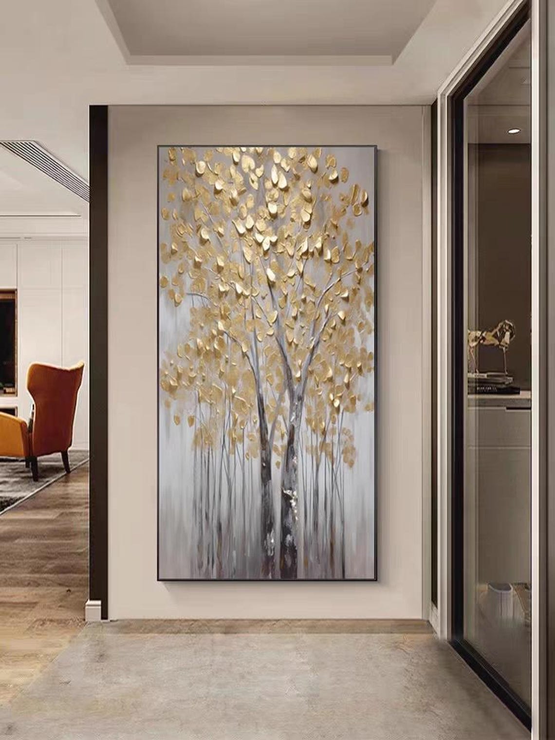 Tall Golden Autumn Tree with Dense Impasto Leaves Canvas Poster - Image 2
