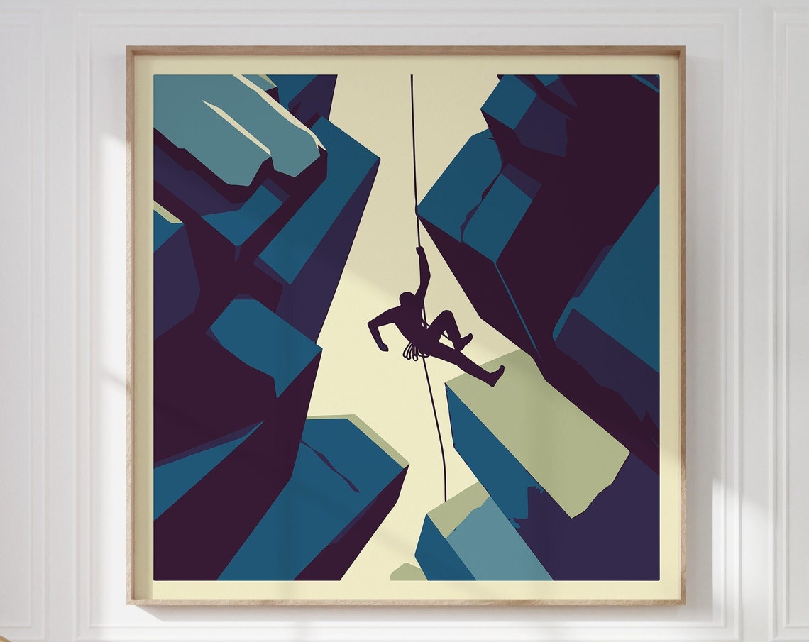 Rock Climber Silhouette Blue Abstract Mountain Climbing Wall Art