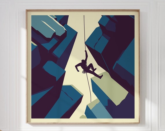 Framed Climbing Print For Extreme Sports Lover Contemporary Wall Art Abstract Mountain Climber And Blue Cliffs On Square Modern Graphic Art