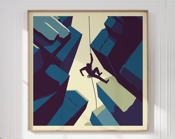 Rock Climber Silhouette Blue Abstract Mountain Climbing Wall Art