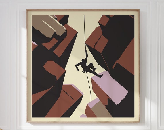 Large Mountain Climber Wall Art Print In Wooden Frames For Bouldering Enthusiast Gift Industrial Home Modern Climbing Art In Warm Colors