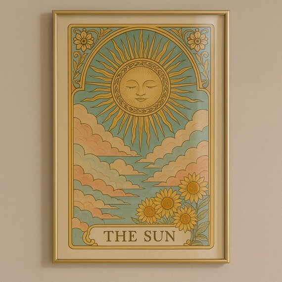The Sun Tarot Card Vintage Celestial Sunflower Boho Wall Poster