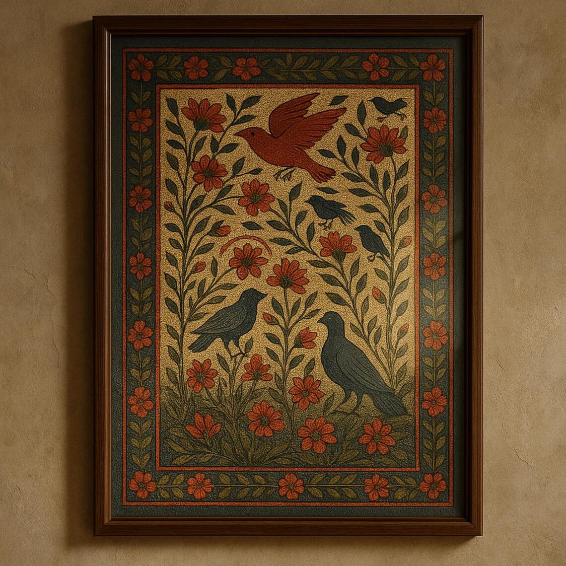 Vintage Folk Art Red Birds Among Flowers Ornate Tapestry Poster