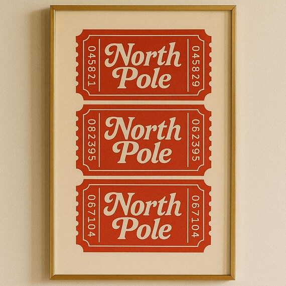 Vintage Red North Pole Ticket Stubs Christmas Holiday Art Poster
