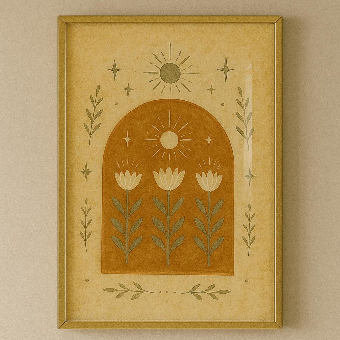 Boho Folk Art Floral Sun Terracotta Arch Botanical Wall Art Decor