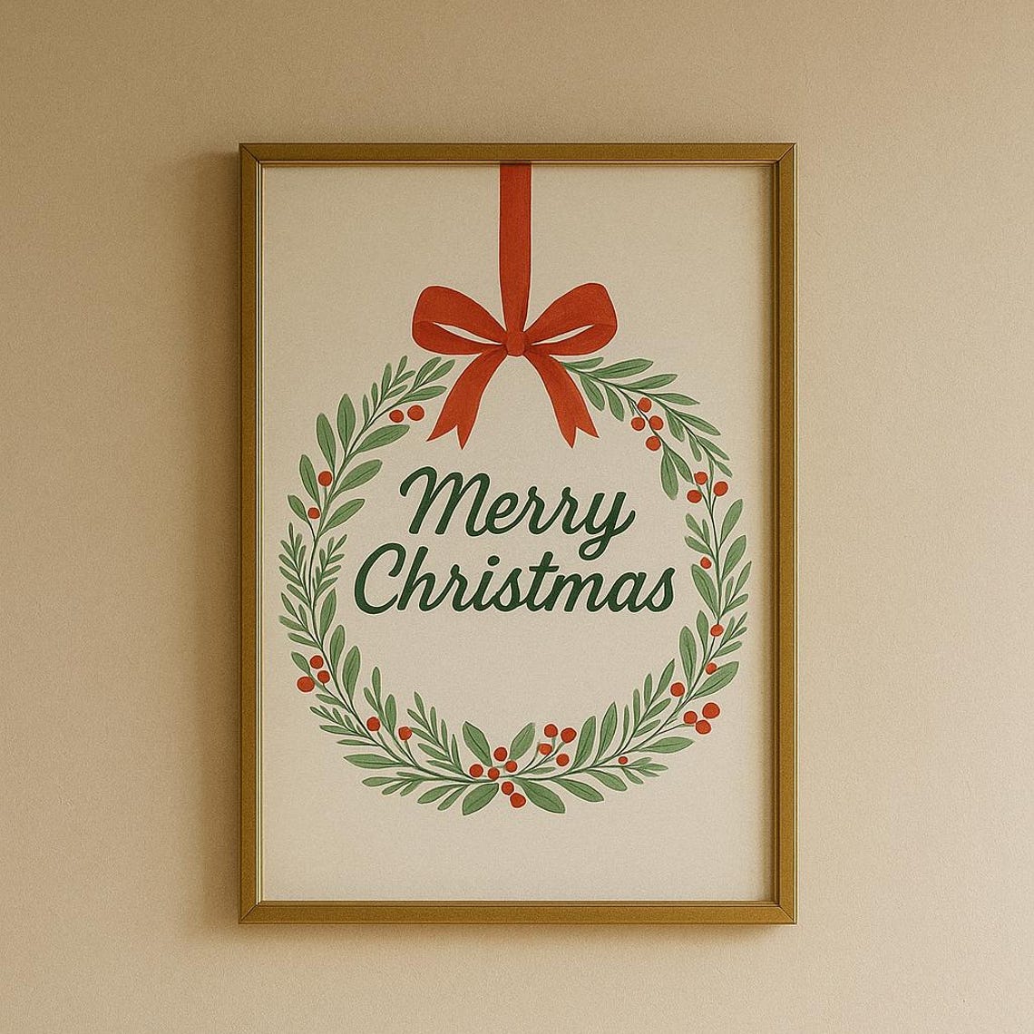 Merry Christmas Wreath Watercolor Red Bow Holiday Greeting Poster