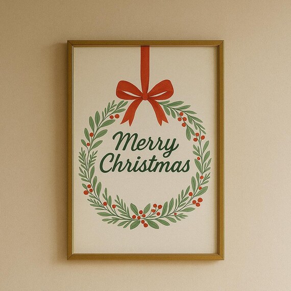 Merry Christmas Wreath Watercolor Red Bow Holiday Greeting Poster