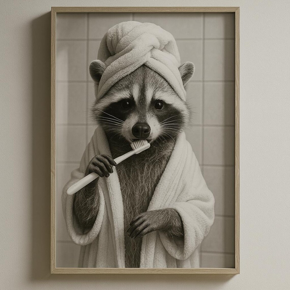 Funny Raccoon Bathroom Art Whimsical Animal Portrait Toothbrush Wall Print