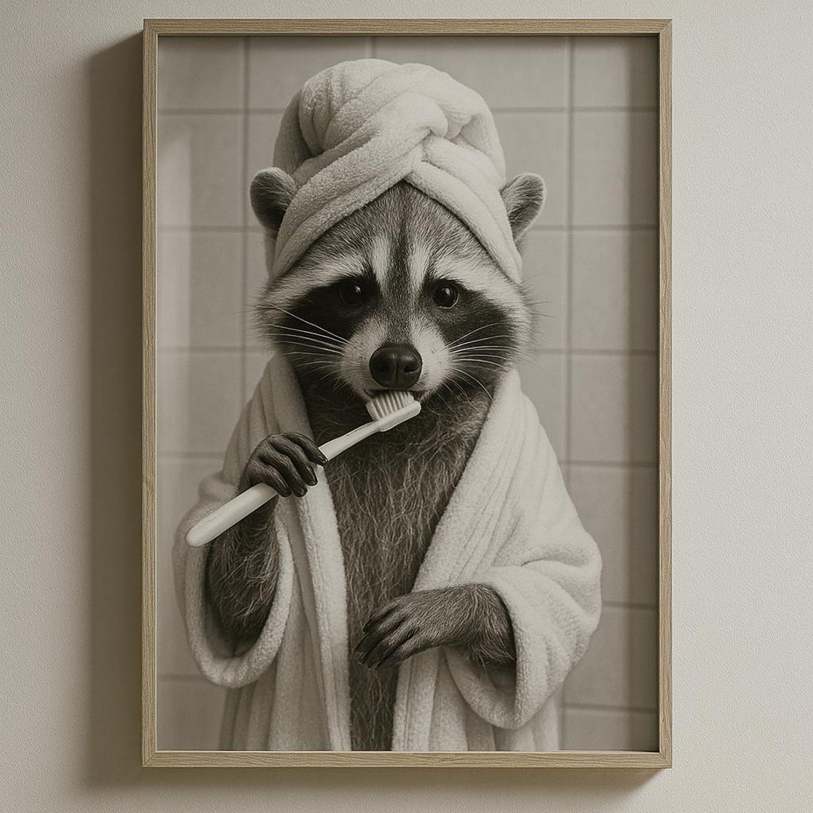 Funny Raccoon Brushing Teeth In Bathroom Whimsical Animal Poster