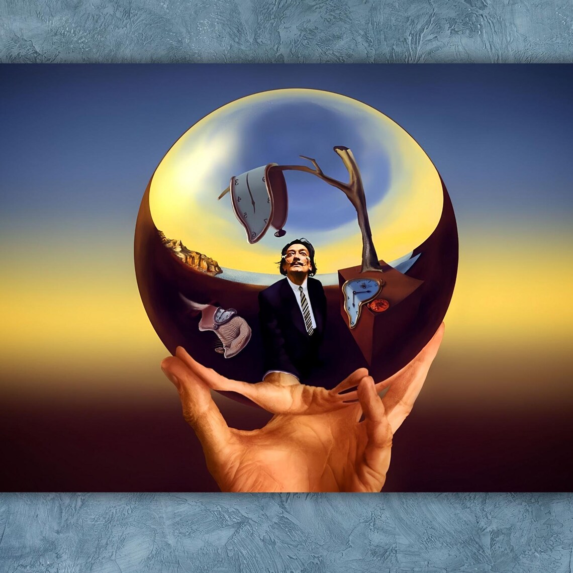 Dali Portrait Holding Globe of Melting Clocks Surreal Art Poster