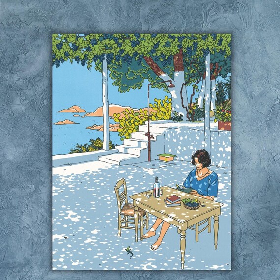 Woman Reading on a Sunlit Mediterranean Terrace Seaside Poster