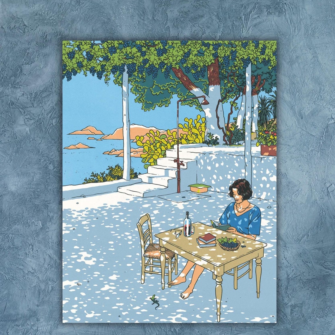 Woman Reading on a Sunlit Mediterranean Terrace Seaside Poster