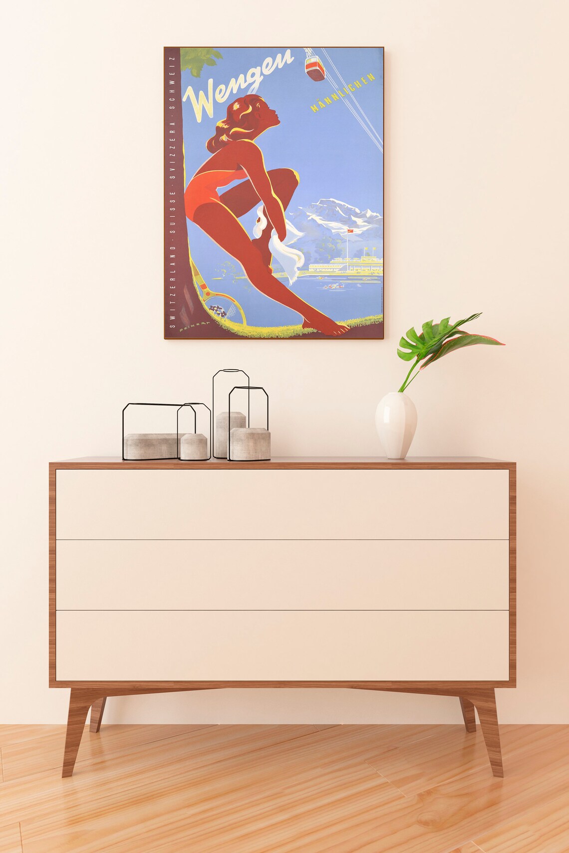 Wengen Ski Poster Swiss Travel Art Switzerland Ski Poster Sports Retro Decor Valais Suisse Zermatt Skiing Poster Alps - Image 3