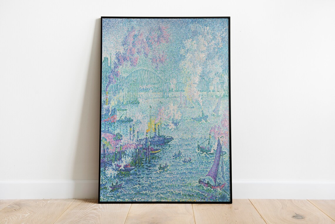 Pointillist Harbor Boats Blue Seascape Impressionist Style Art Poster