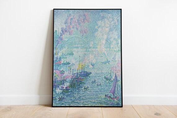 Pointillist Harbor Boats Blue Seascape Impressionist Style Art Poster