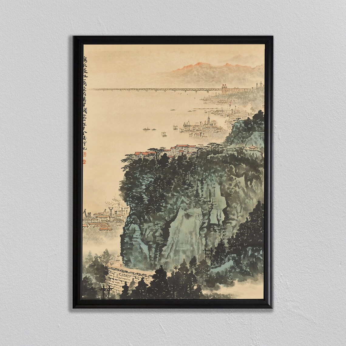 Chinese Ink Wash Coastal City Bridge Mountains Landscape Art Poster