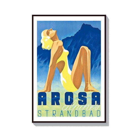 Arosa Alpine Strandbad Vintage Swiss Travel Poster Sunbathing Woman