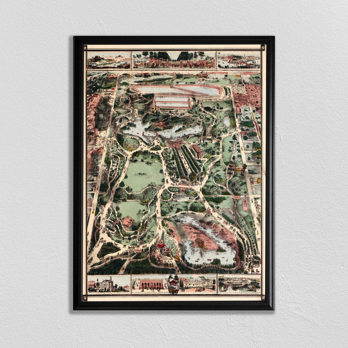 Historic Central Park New York City Antique Birds Eye Map Poster