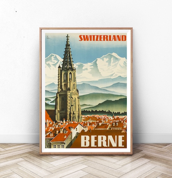 Vintage Berne Switzerland Old Town Cathedral Alps Travel Art Poster