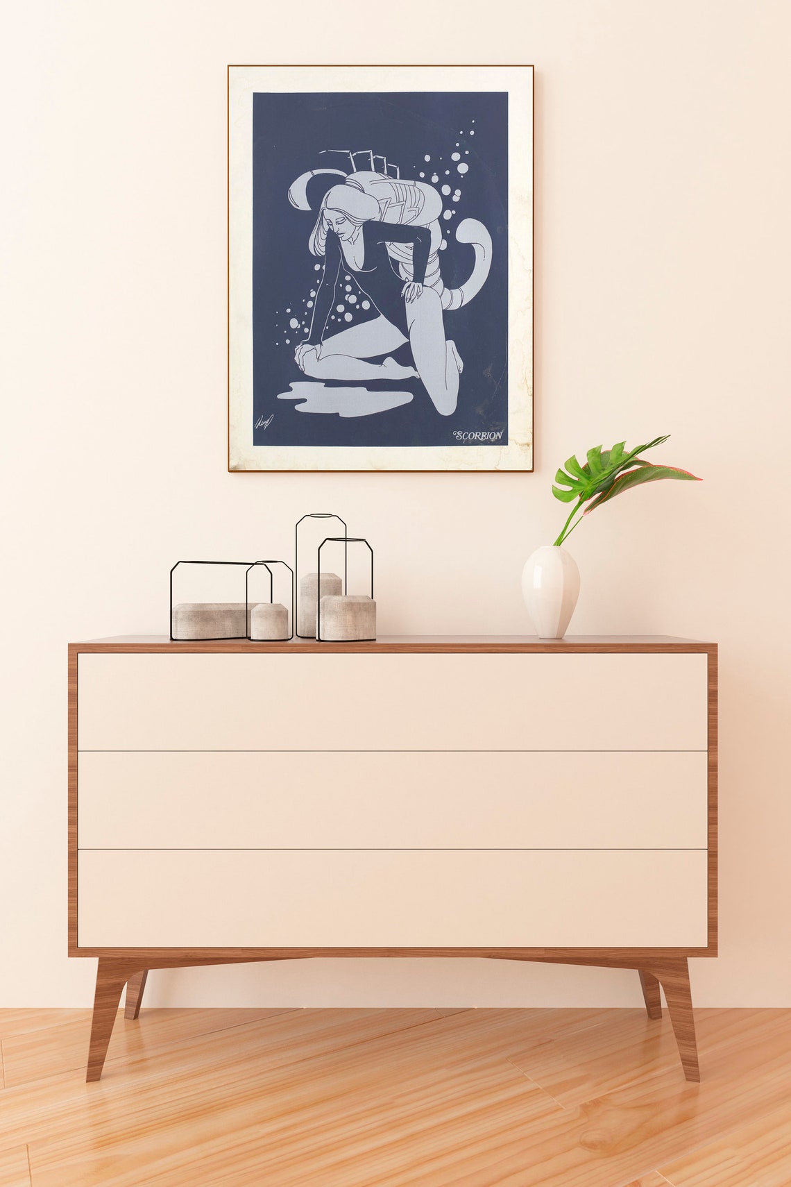 Scorpio Zodiac Sign Woman Silver Line Art Navy Astrology Wall Poster - Image 3