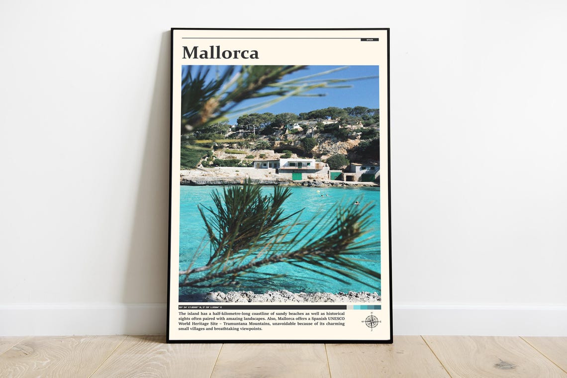 Mallorca Turquoise Cove Boathouses Through Pine Branches Poster
