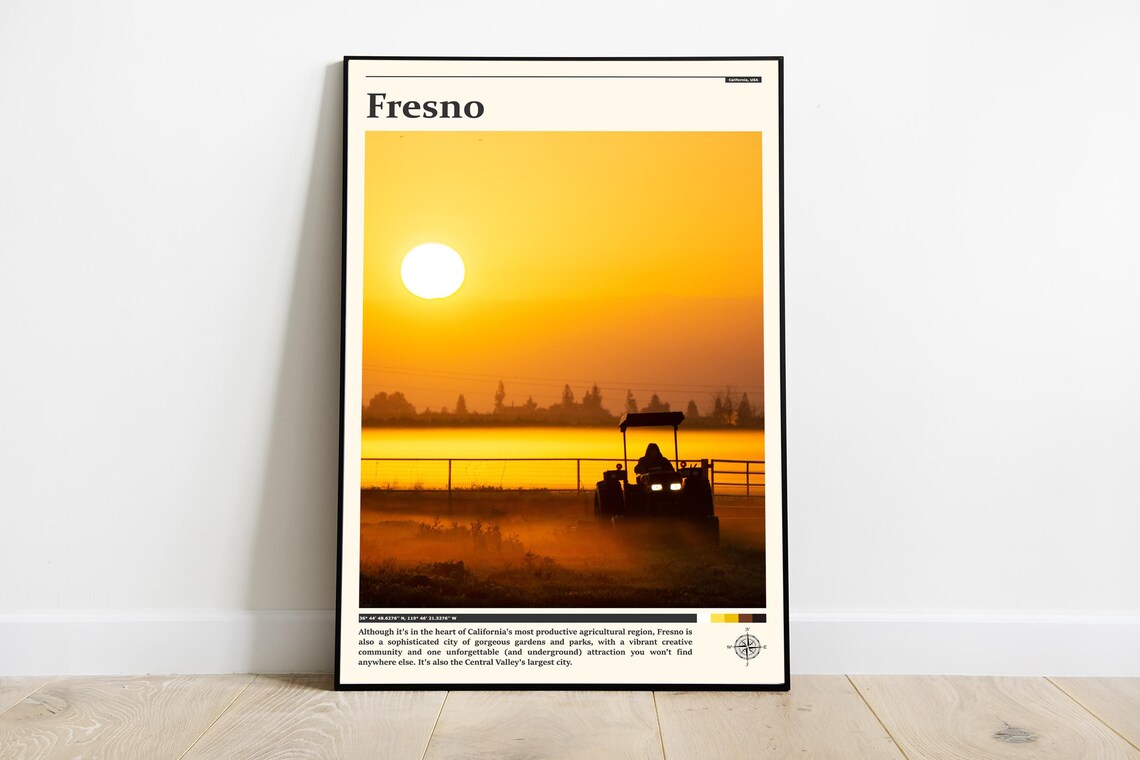 Fresno California Golden Sunset Tractor Farm Photography Poster