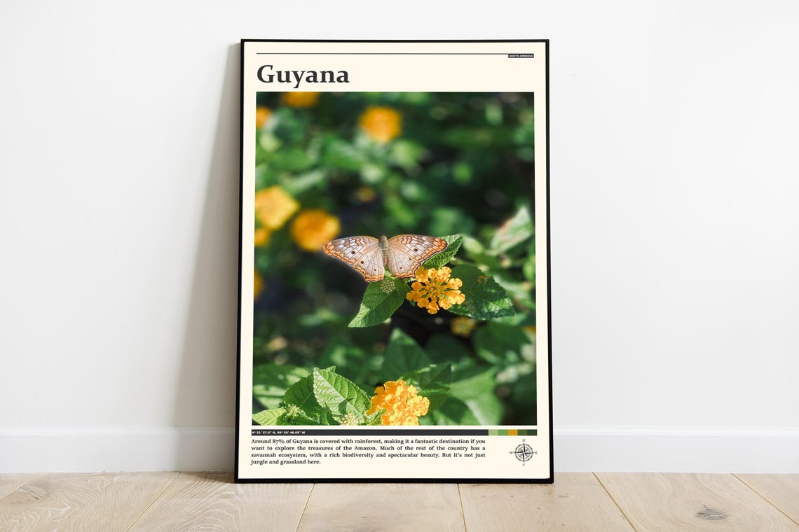 Guyana Butterfly On Orange Flowers Rainforest Nature Travel Poster