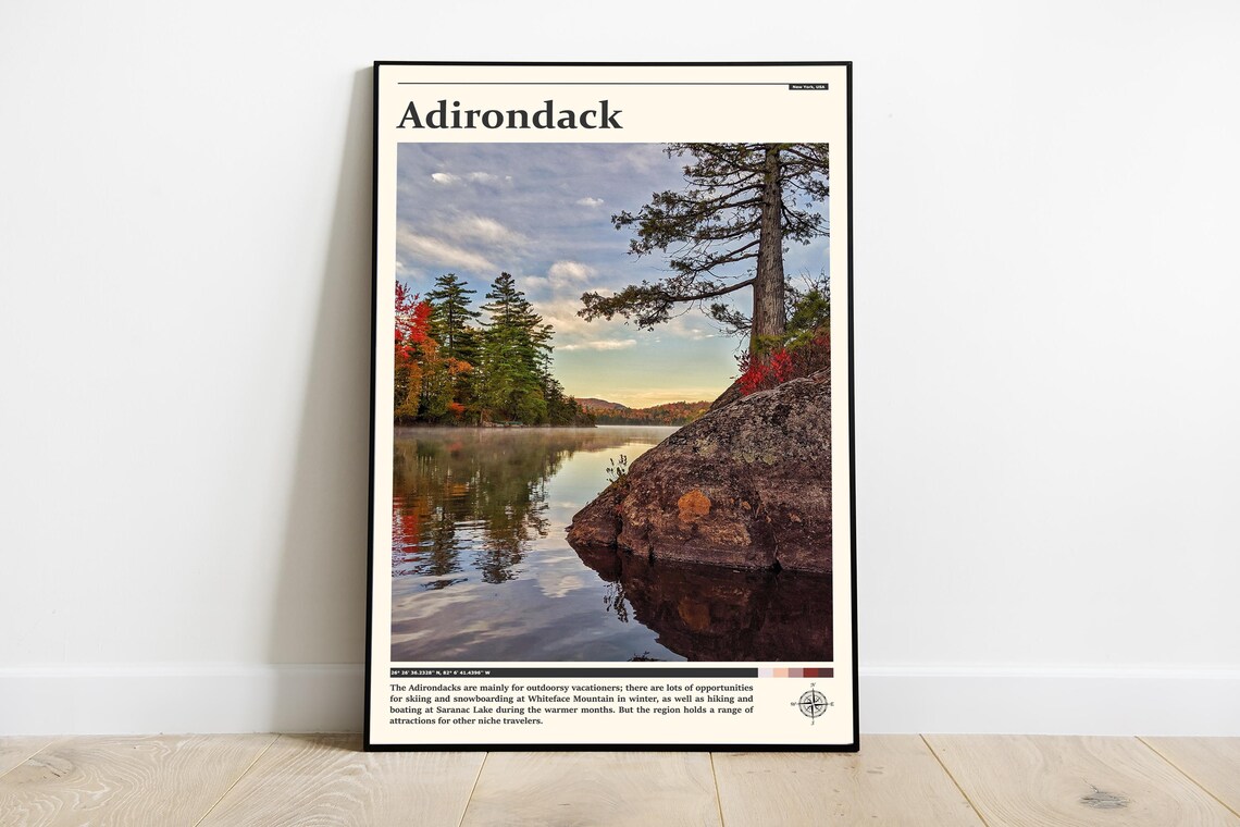 Adirondack Mountains Lake Autumn Pines Rock Shore Travel Poster