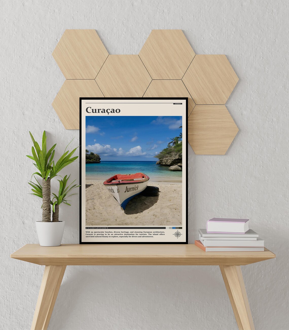 Curacao Fishing Boat Beach Cliffs Turquoise Bay Photography Poster - Image 3